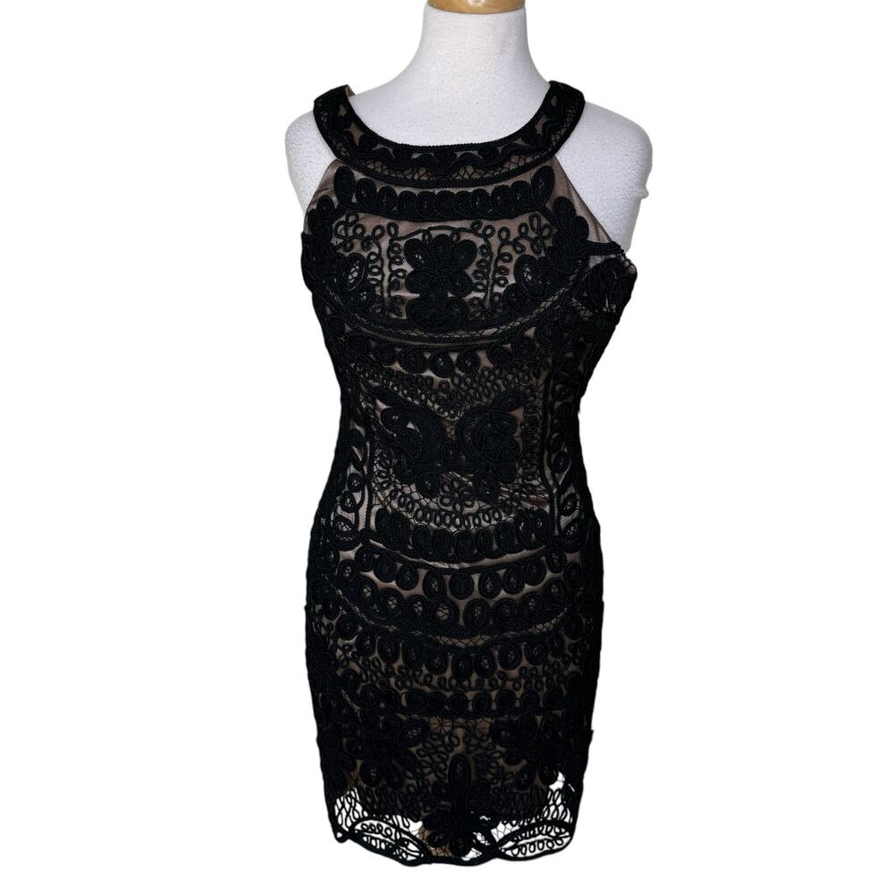SUE WONG Nonturne Crochet Lace High Neck Mini Dress Size 4 Black